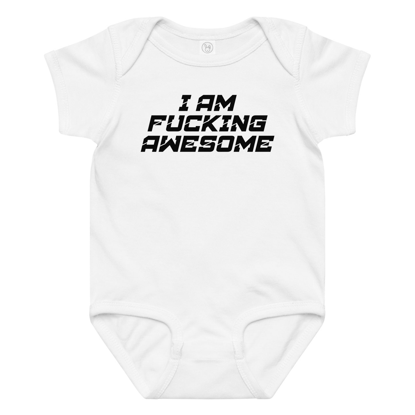 "I Am Fucking Awesome" printed on a white baby jersey bodysuit laying on a flat surface amongst other clothes