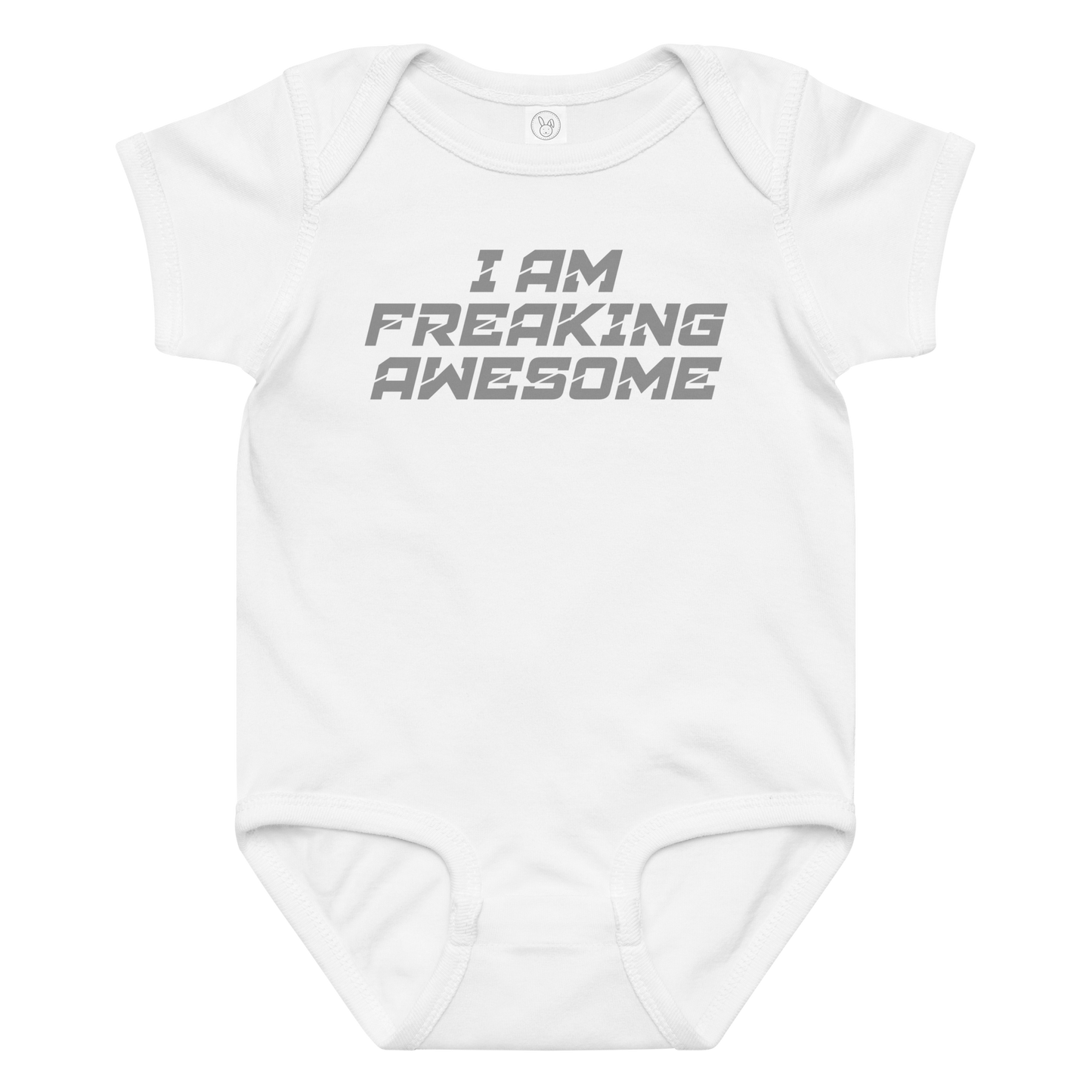 "I Am Freaking Awesome" printed on a white baby jersey bodysuit laying on a flat surface amongst other clothes