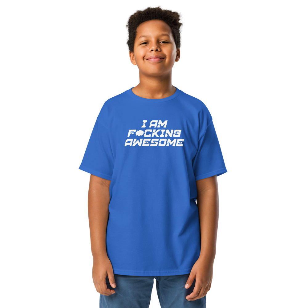 "I Am F*cking Awesome" printed on a royal youth classic tee worn by a male