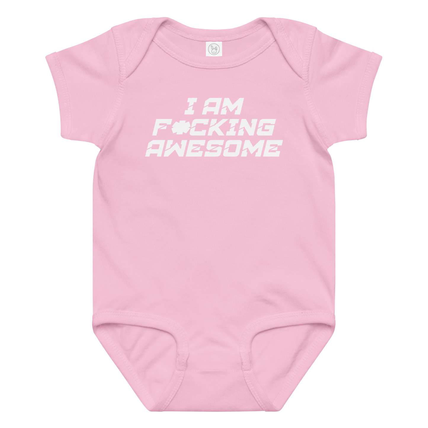 "I Am F*cking Awesome" printed on a pink baby jersey bodysuit laying on a flat surface amongst other clothes