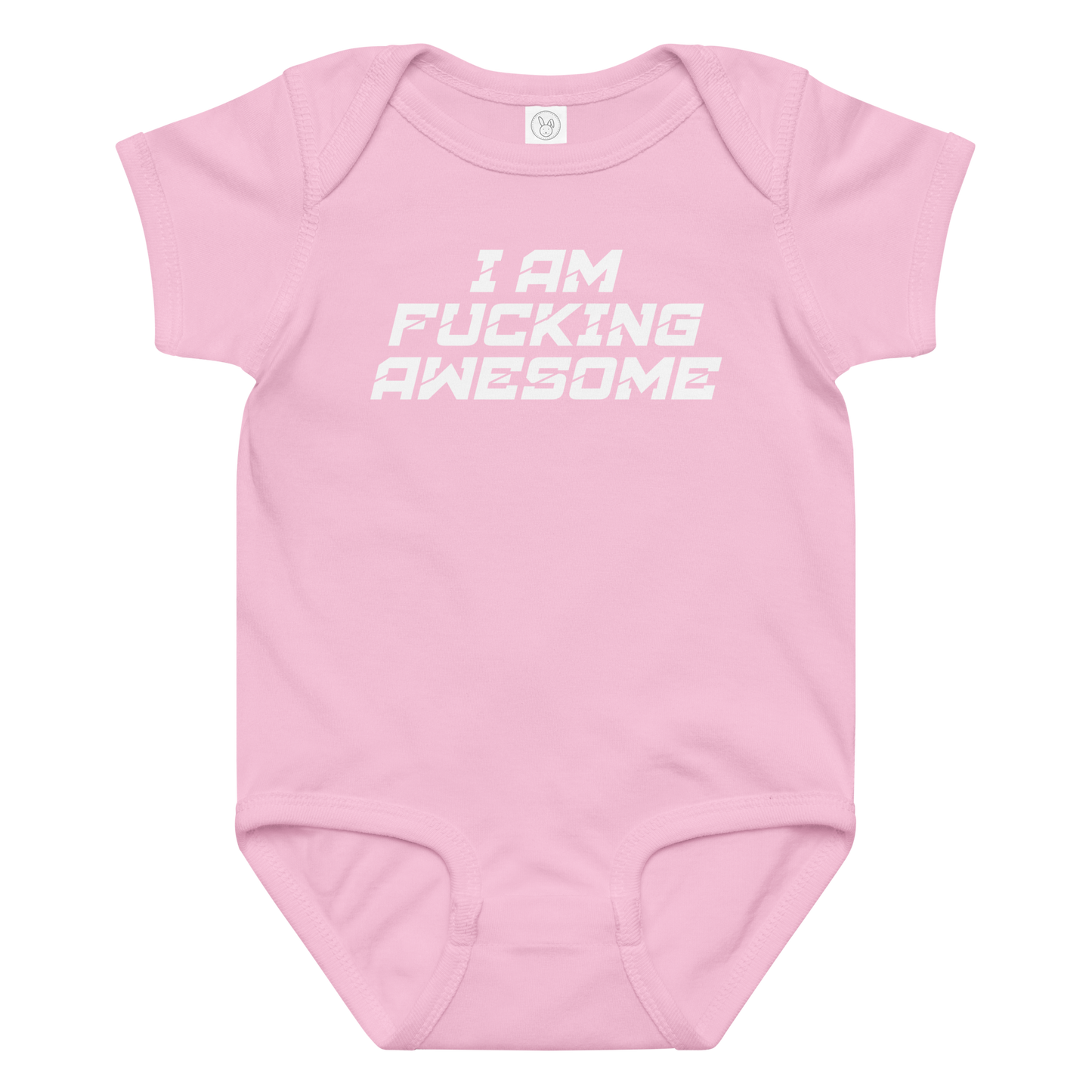 "I Am Fucking Awesome" printed on a pink baby jersey bodysuit laying on a flat surface amongst other clothes