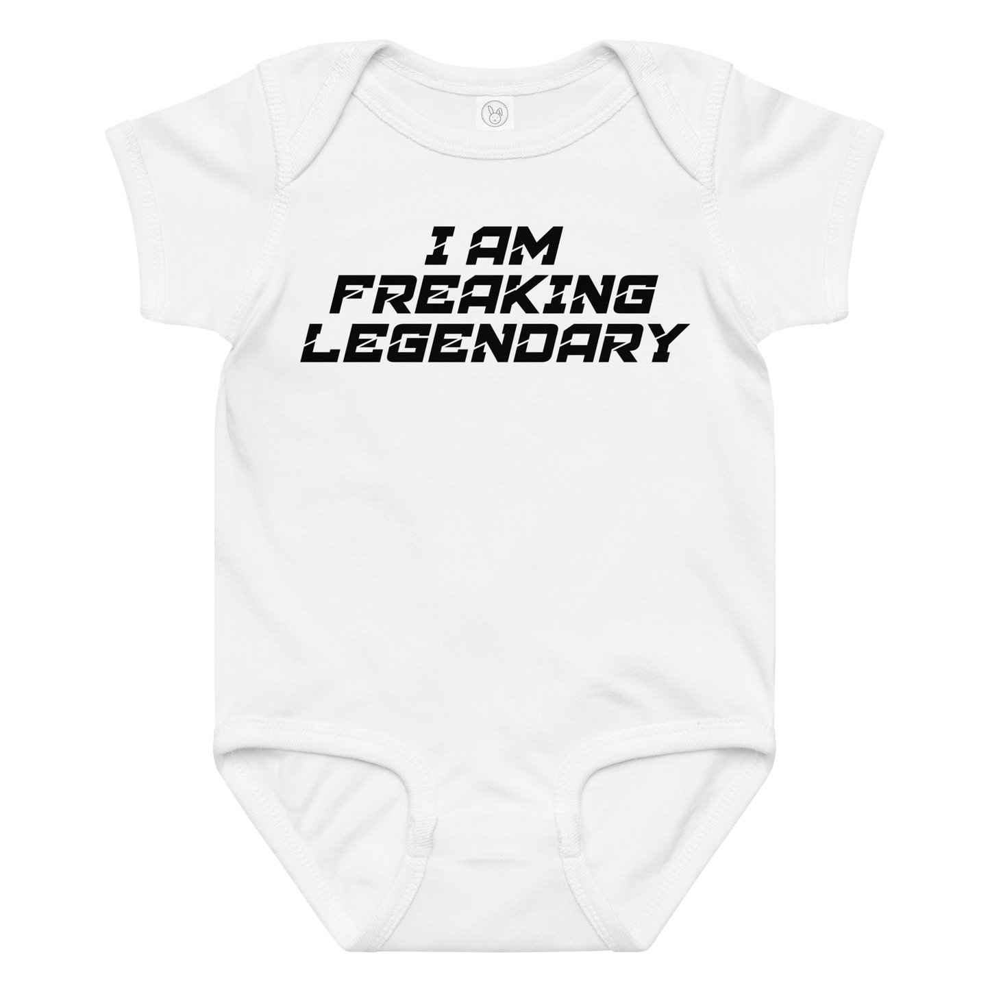 "I Am Freaking Legendary" printed on a white baby jersey bodysuit laying on a flat surface amongst other clothes