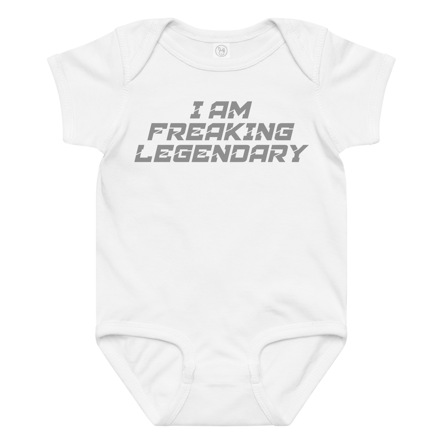 "I Am Freaking Legendary" printed on a white baby jersey bodysuit laying on a flat surface amongst other clothes