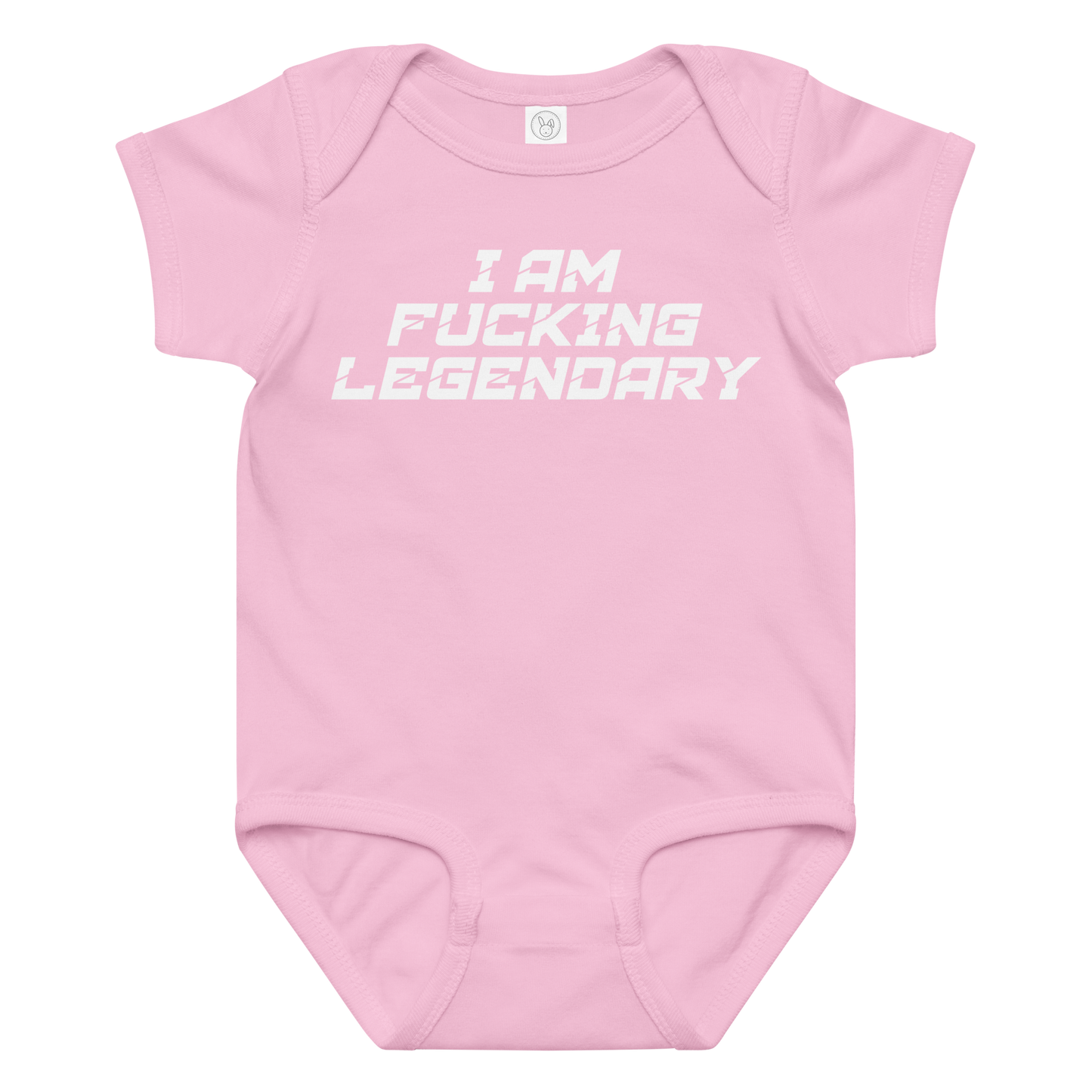 "I Am Fucking Legendary" printed on a pink baby jersey bodysuit laying on a flat surface amongst other clothes
