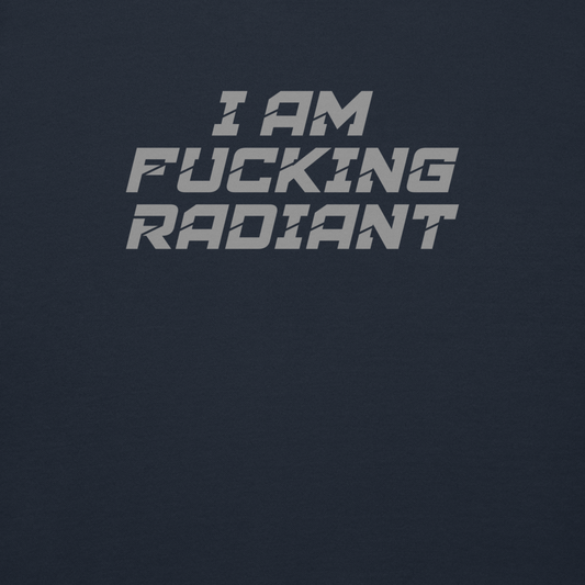 "I Am Fucking Radiant" printed on a navy blazer background