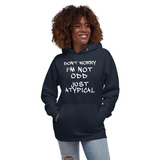 "Don't Worry I'm Not Odd Just Atypical" printed on a navy blazer unisex hoodie worn by a female