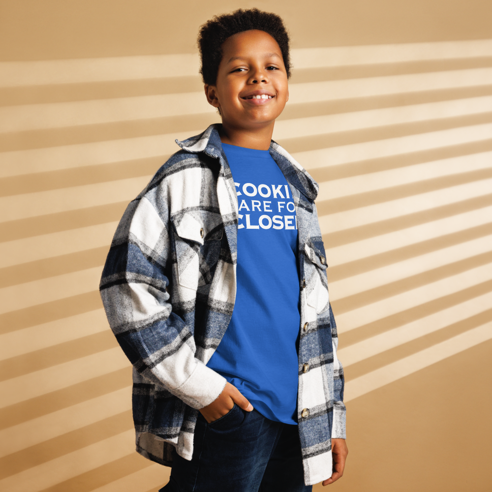 "Cookies Are For Closers" printed on a royal youth classic tee worn by a male also wearing a jacket