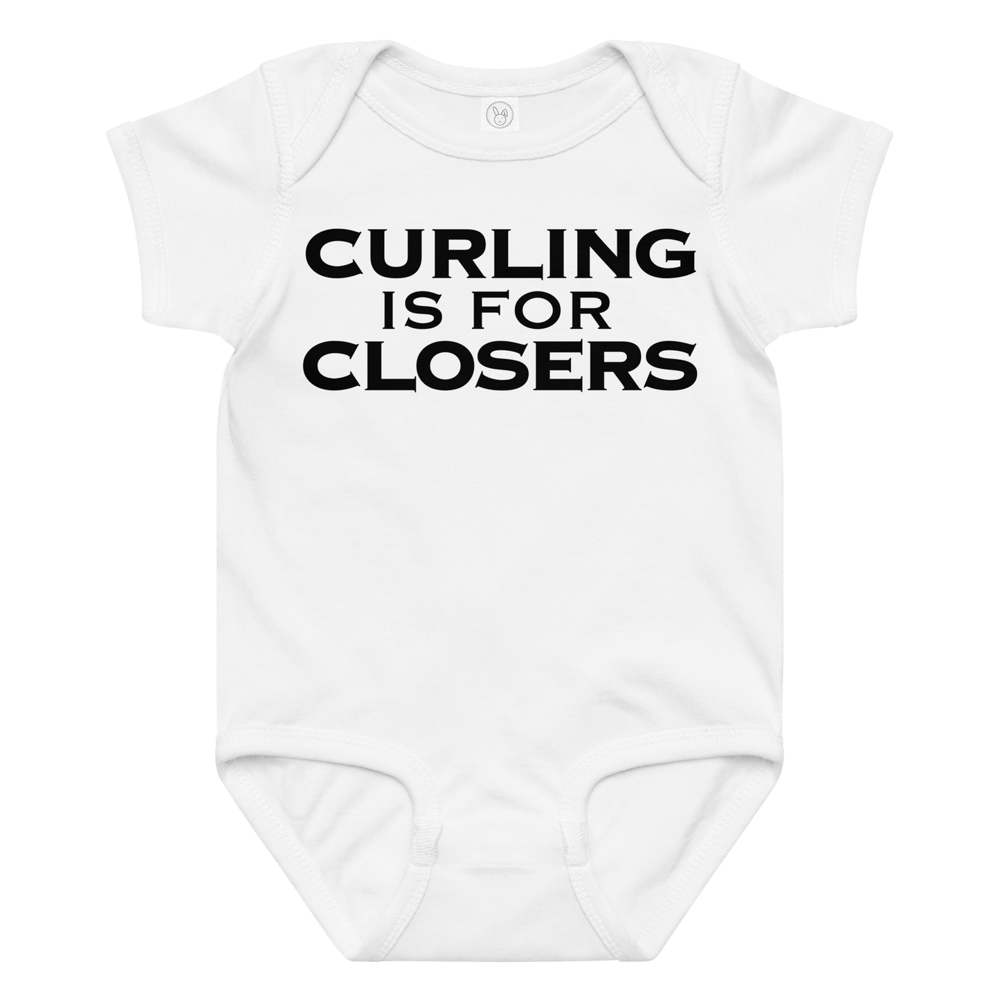 "Curling Is For Closers" printed on a white baby jersey bodysuit laying on a flat surface amongst other clothes