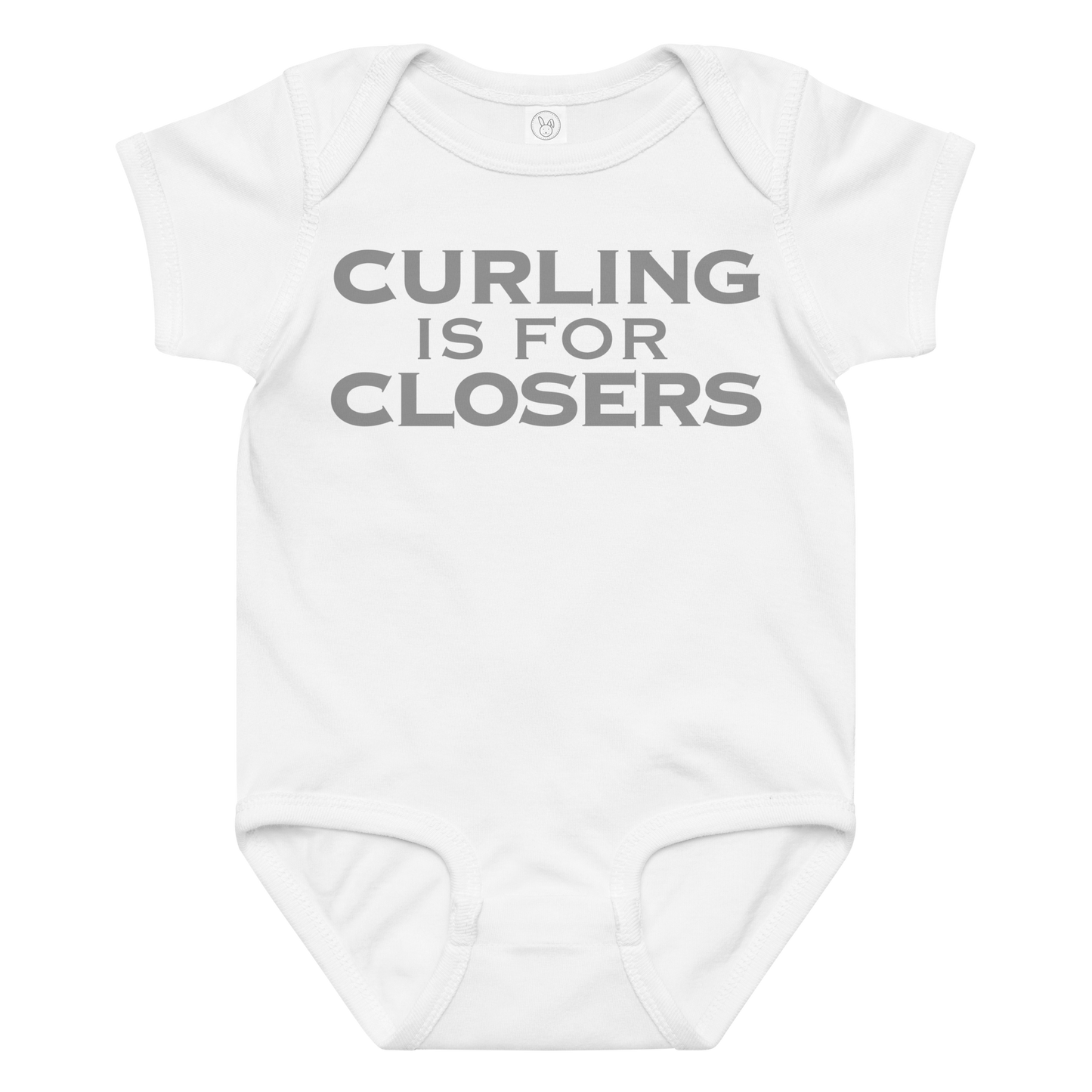 "Curling Is For Closers" printed on a white baby jersey bodysuit laying on a flat surface amongst other clothes