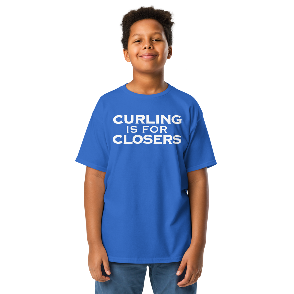 "Curling Is For Closers" printed on a royal youth classic tee worn by a male