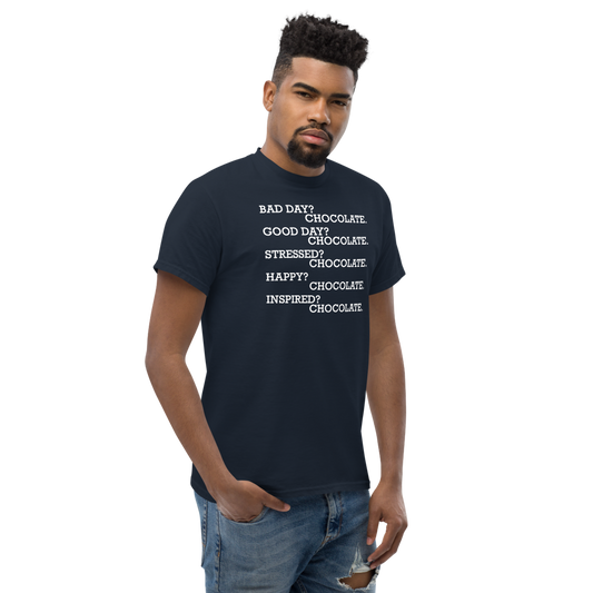 "Bad Day? Chocolate. Good Day? Chocolate. Stressed? Chocolate. Happy? Chocolate. Inspired? Chocolate. Chocolate? Chocolate!" printed on a navy unisex classic tee worn by a male