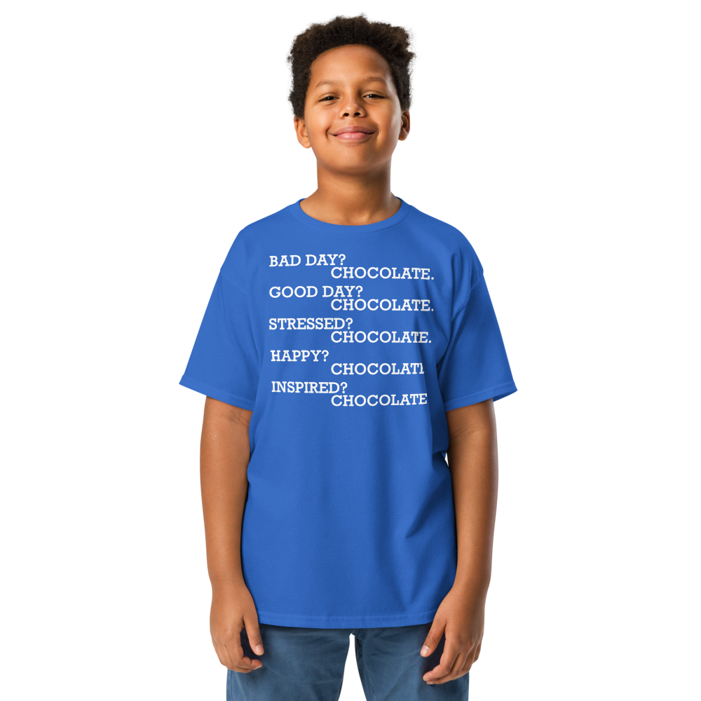 "Bad Day? Chocolate. Good Day? Chocolate. Stressed? Chocolate. Happy? Chocolate. Inspired? Chocolate. Chocolate? Chocolate!" printed on a royal youth classic tee worn by a male