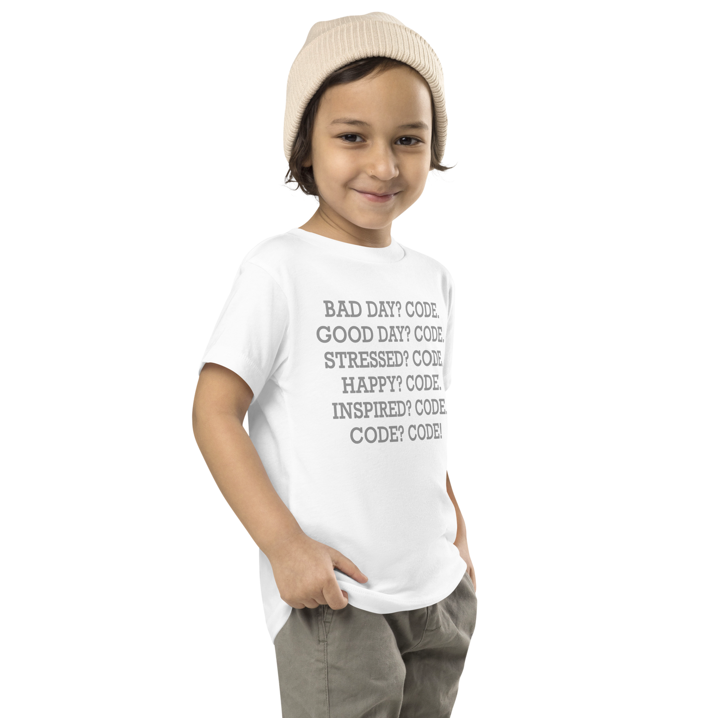 "Bad Day? Code. Good Day? Code. Stressed? Code. Happy? Code. Inspired? Code. Code? Code!" printed on a white toddler short sleeve tee worn by a male who is also wearing a knit cap
