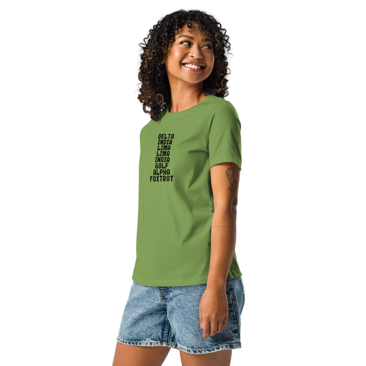 "DILLIGAF" printed on a leaf women's relaxed t-shirt worn by a female