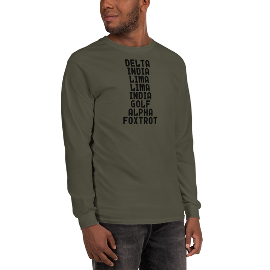 "DILLIGAF" printed on a military green men's long sleeve shirt worn by a male