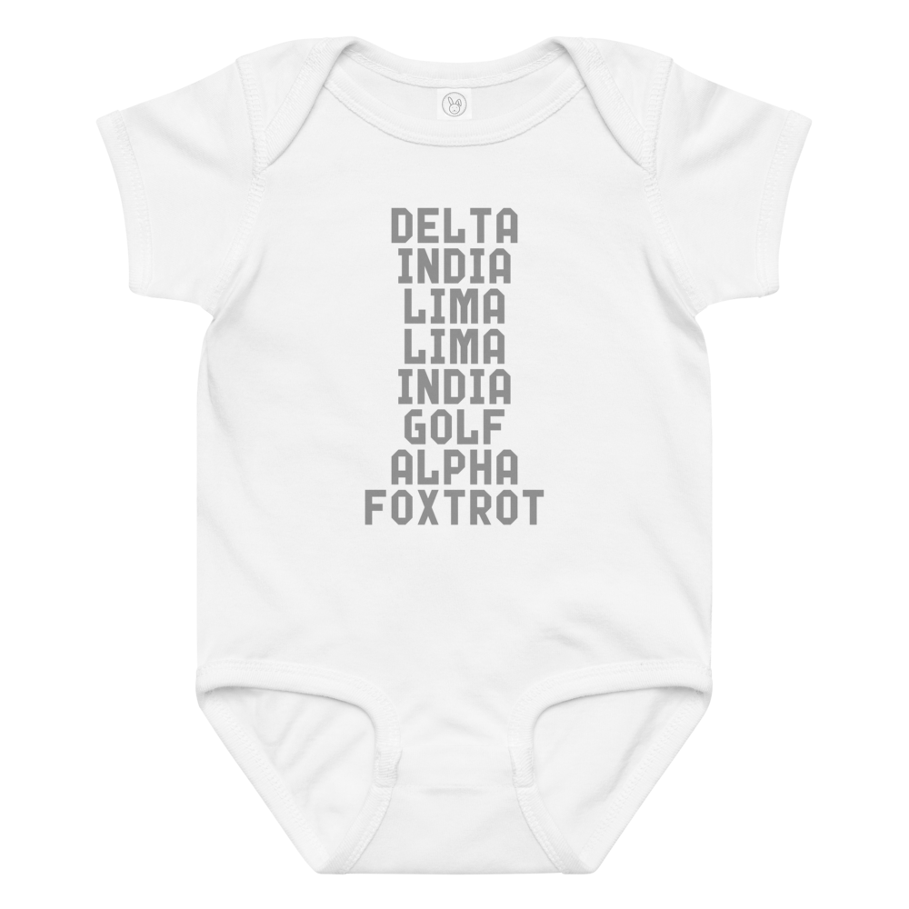 "DILLIGAF" printed on a white baby jersey bodysuit laying on a flat surface amongst other clothes