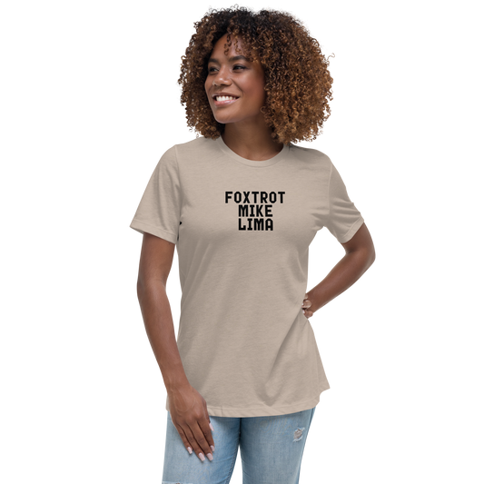 "Foxtrot Mike Lima" printed on a heather stone women's relaxed t-shirt worn by a female