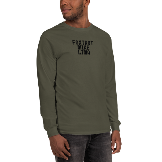 "Foxtrot Mike Lima" printed on a military green men's long sleeve shirt worn by a male