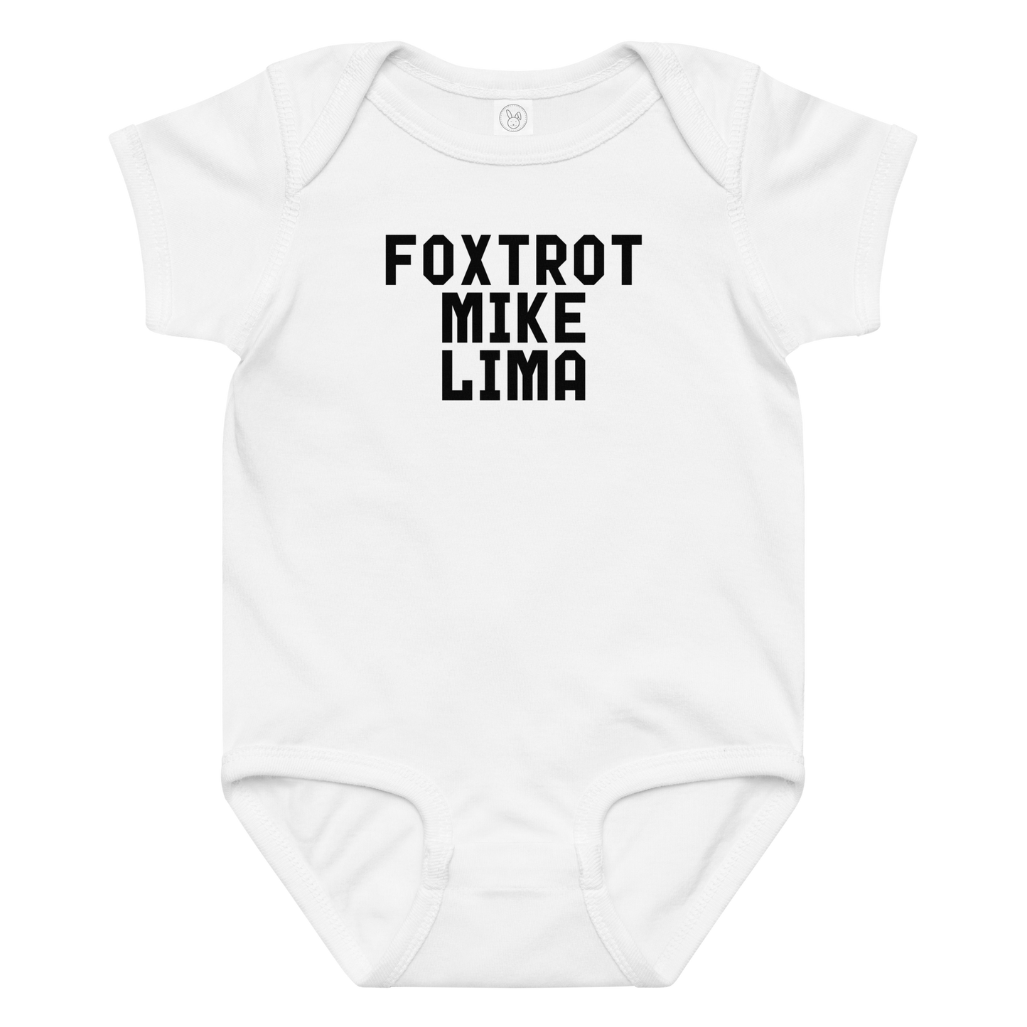 "Foxtrot Mike Lima" printed on a white baby jersey bodysuit laying on a flat surface amongst other clothes