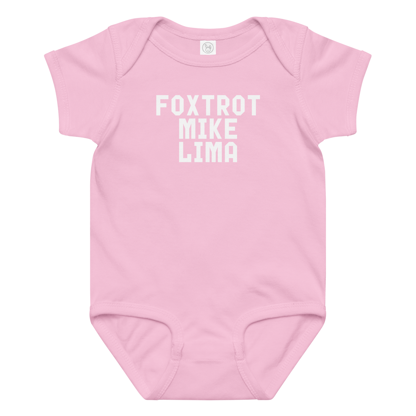 "Foxtrot Mike Lima" printed on a pink baby jersey bodysuit laying on a flat surface amongst other clothes