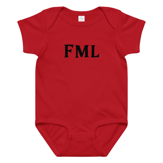 "FML" printed on a red baby jersey bodysuit laying on a flat surface amongst other clothes