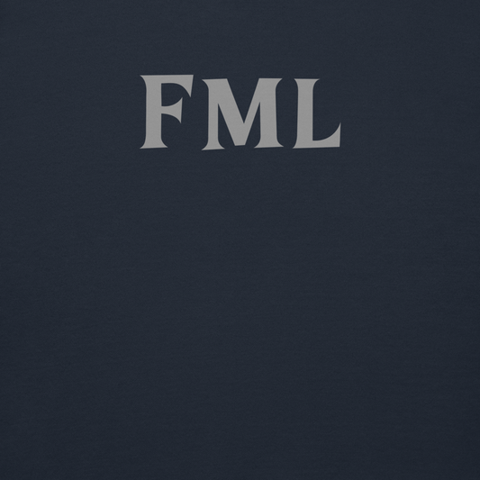 "FML" printed on a navy blazer background