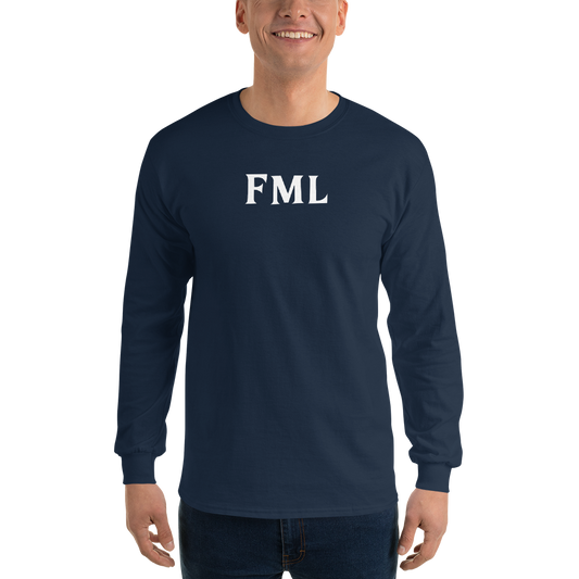 "FML" printed on a navy men's long sleeve shirt worn by a male