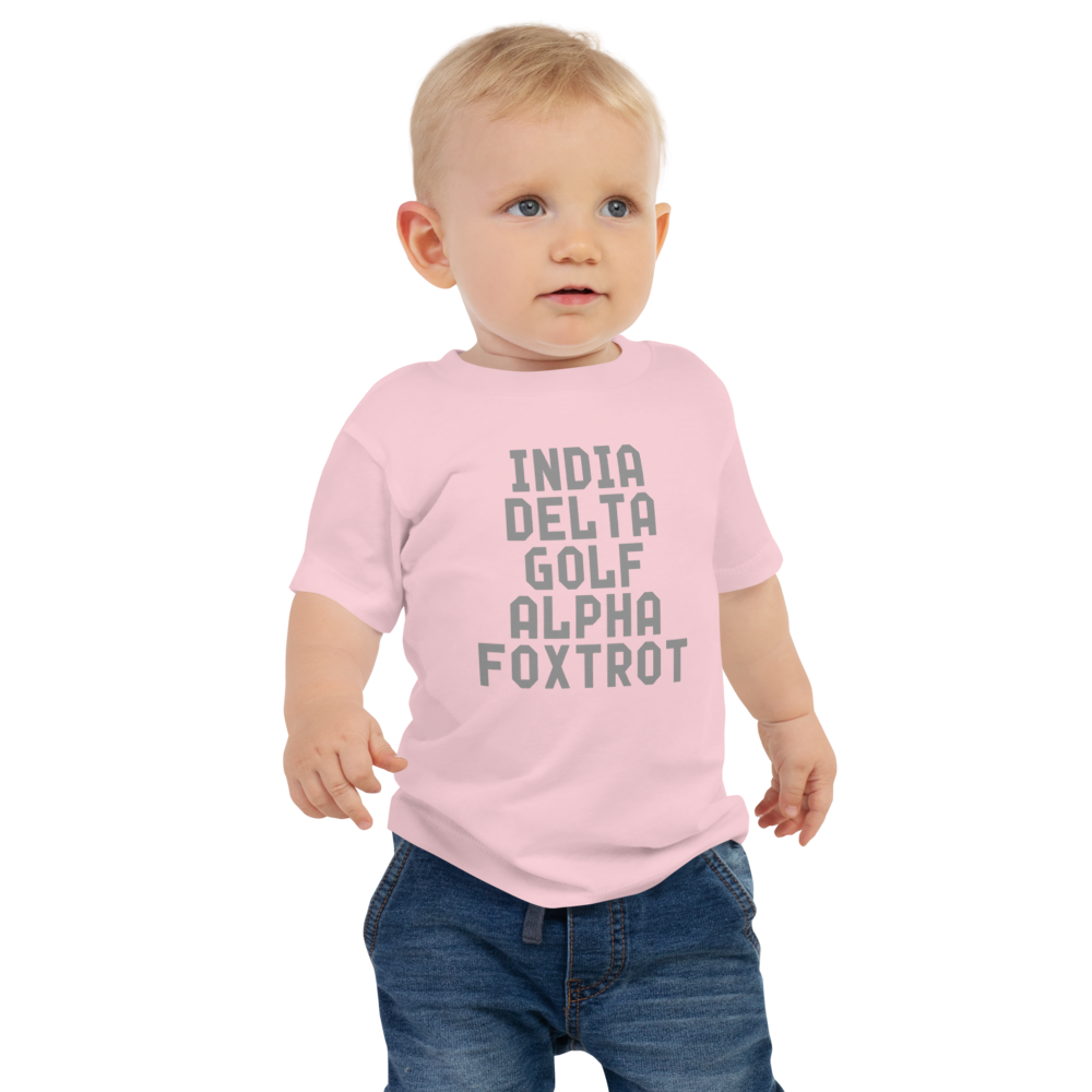 "India Delta Golf Alpha Foxtrot" printed on a pink baby jersey short sleeve tee worn by a male