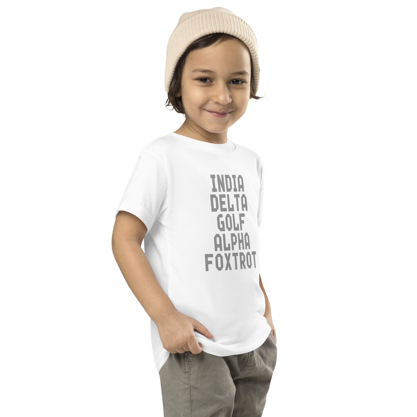 "India Delta Golf Alpha Foxtrot" printed on a white toddler short sleeve tee worn by a male who is also wearing a knit cap