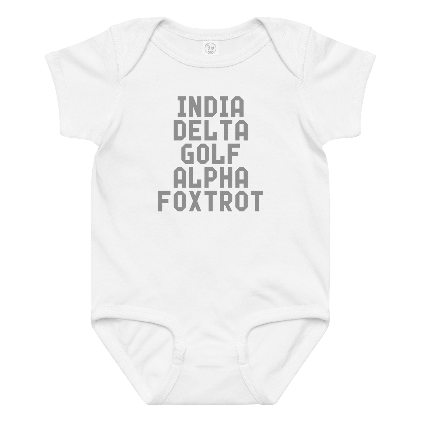 "India Delta Golf Alpha Foxtrot" printed on a white baby jersey bodysuit laying on a flat surface amongst other clothes