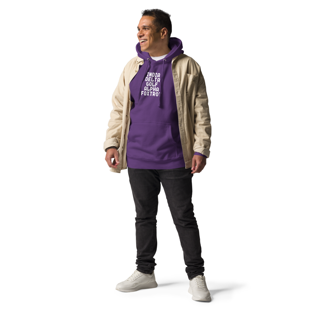 "India Delta Golf Alpha Foxtrot" printed on a purple unisex hoodie worn by a male with a jacket on top