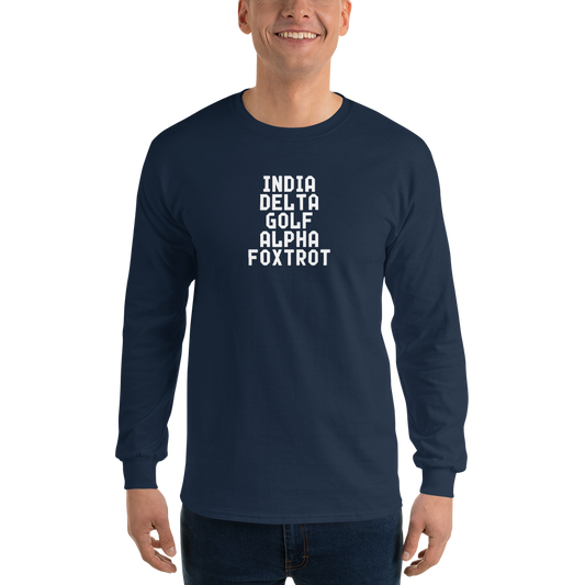 "India Delta Golf Alpha Foxtrot" printed on a navy men's long sleeve shirt worn by a male