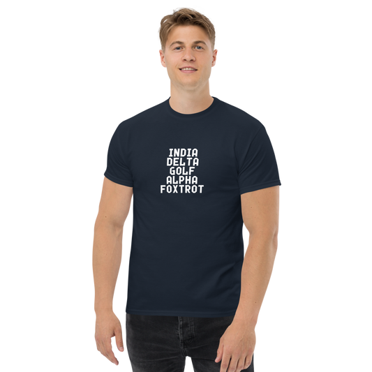 "India Delta Golf Alpha Foxtrot" printed on a navy unisex classic tee worn by a male