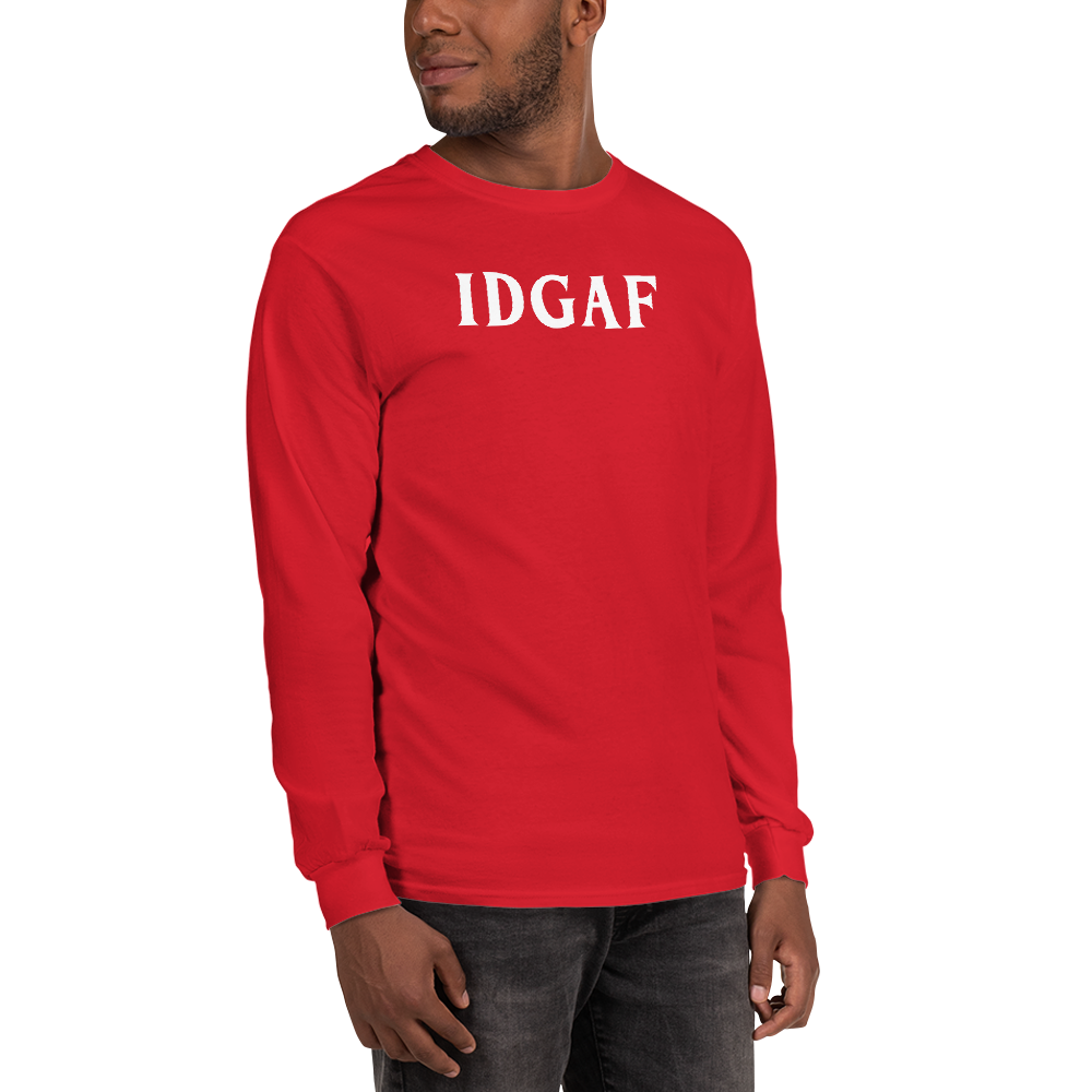 "IDGAF" printed on a red men's long sleeve shirt worn by a male