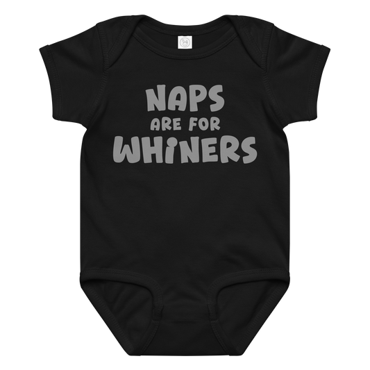 "Naps Are For Whiners" printed on a black baby jersey bodysuit laying on a flat surface amongst other clothes
