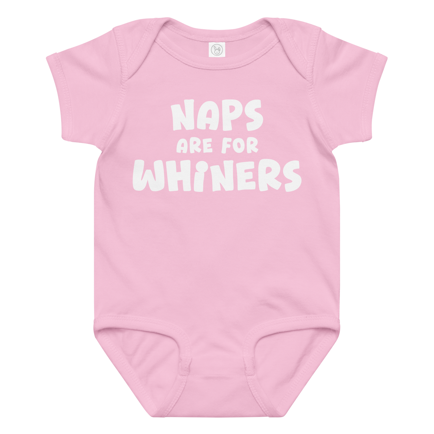 "Naps Are For Whiners" printed on a pink baby jersey bodysuit laying on a flat surface amongst other clothes
