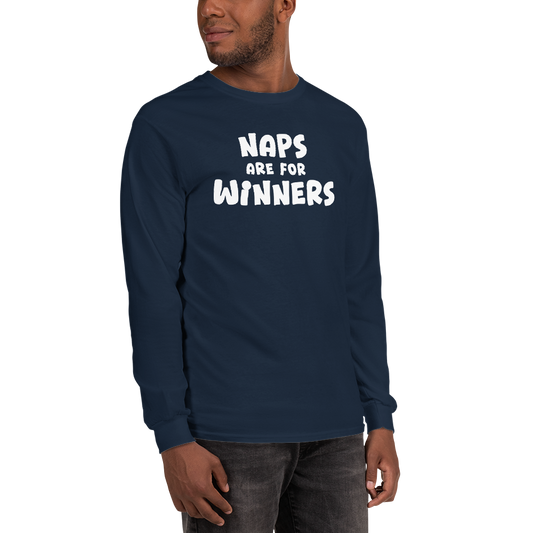 "Naps Are For Winners" printed on a navy men's long sleeve shirt worn by a male
