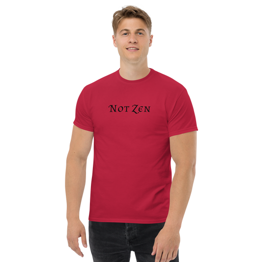 "Not zen" printed on a cardinal unisex classic tee worn by a male