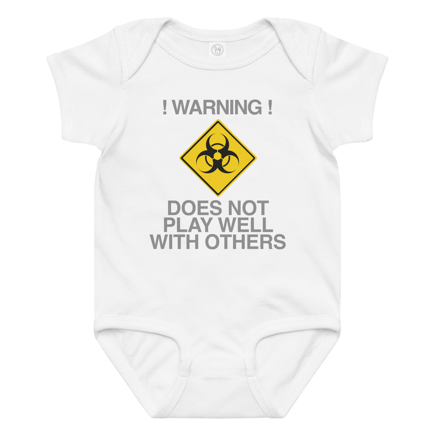 "!Warning! Does Not Play Well With Others" printed on a white baby jersey bodysuit laying on a flat surface amongst other clothes