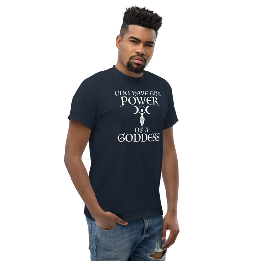 "You have the power of a goddess" printed on a navy unisex classic tee worn by a male