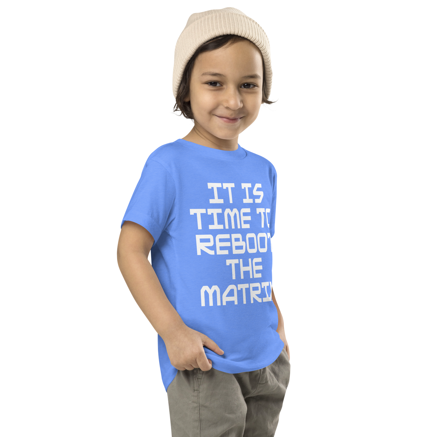 "It's time to reboot the matrix" printed on a heather columbia blue toddler short sleeve tee worn by a male who is also wearing a knit cap