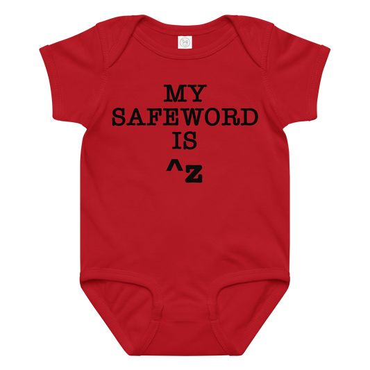 "My Safe Word Is ^Z" printed on a red baby jersey bodysuit laying on a flat surface amongst other clothes