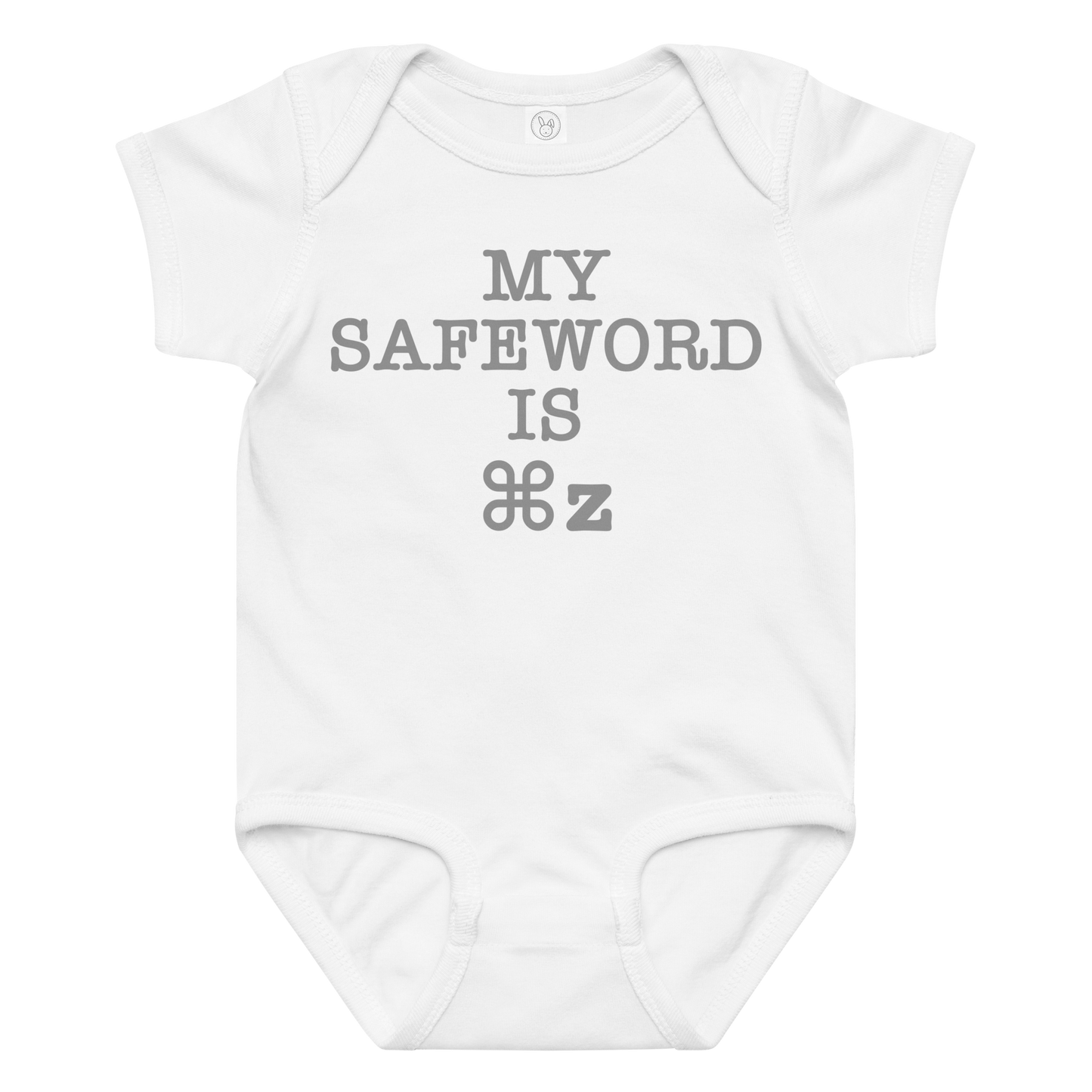 "My Safe Word Is ⌘Z" printed on a white baby jersey bodysuit laying on a flat surface amongst other clothes