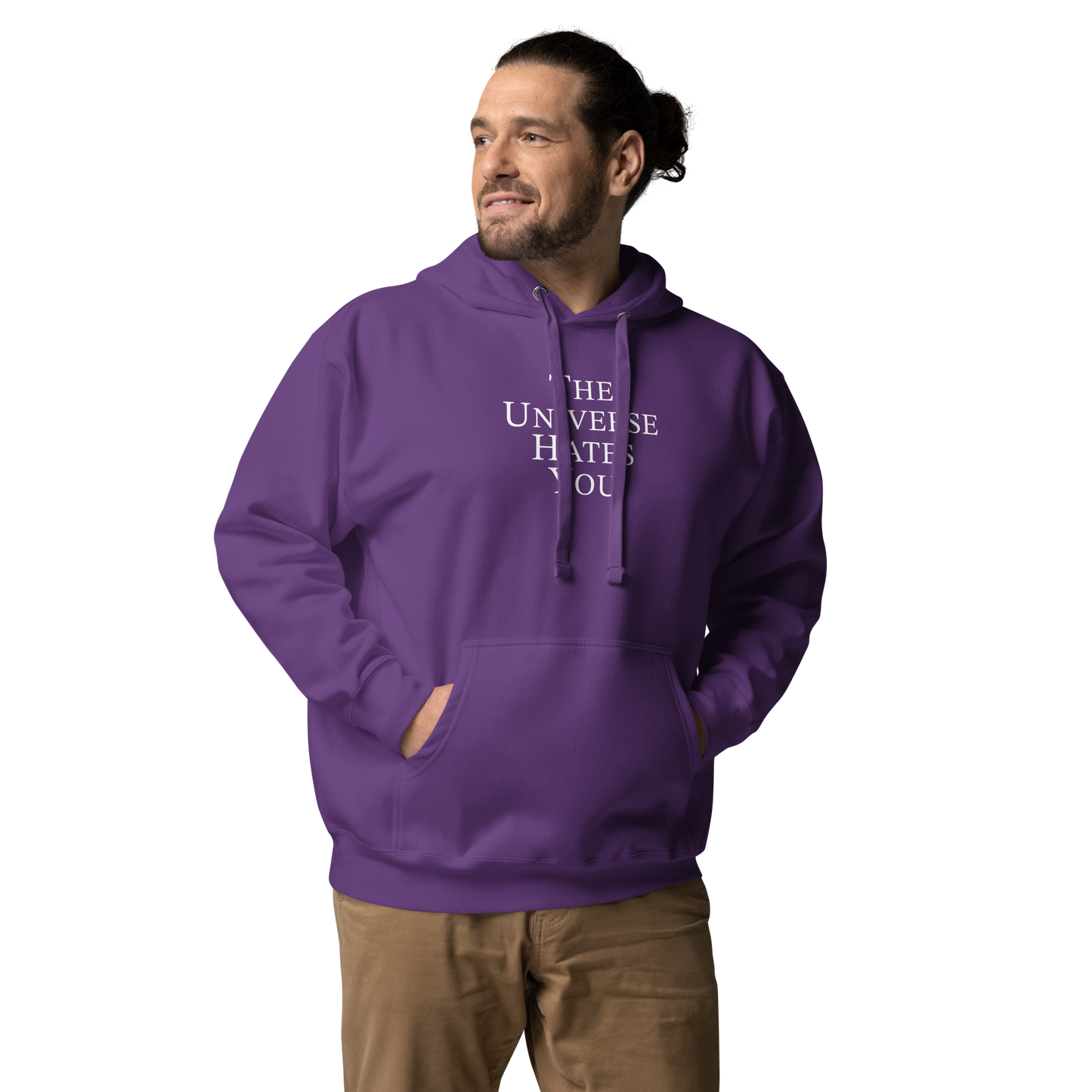 "The Universe Hates You" printed on a purple unisex hoodie worn by a male