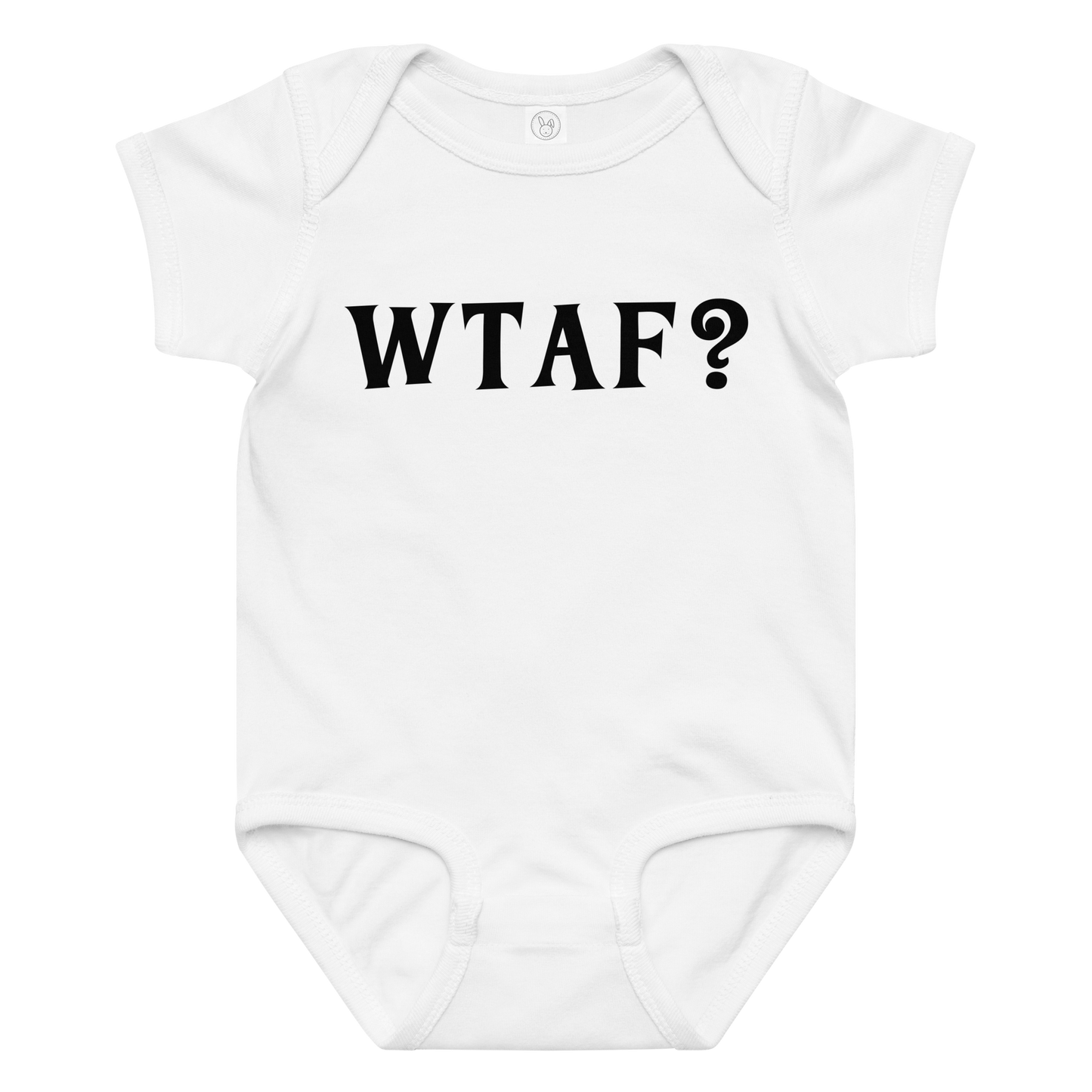 "WTAF?" printed on a white baby jersey bodysuit laying on a flat surface amongst other clothes