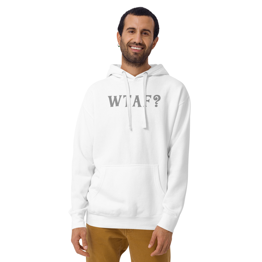 "WTAF?" printed on a white warn by a male