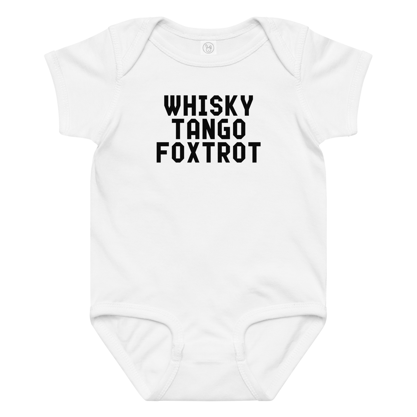 "Whisky Tango Foxtrot (What the f#ck)" printed on a white baby jersey bodysuit laying on a flat surface amongst other clothes