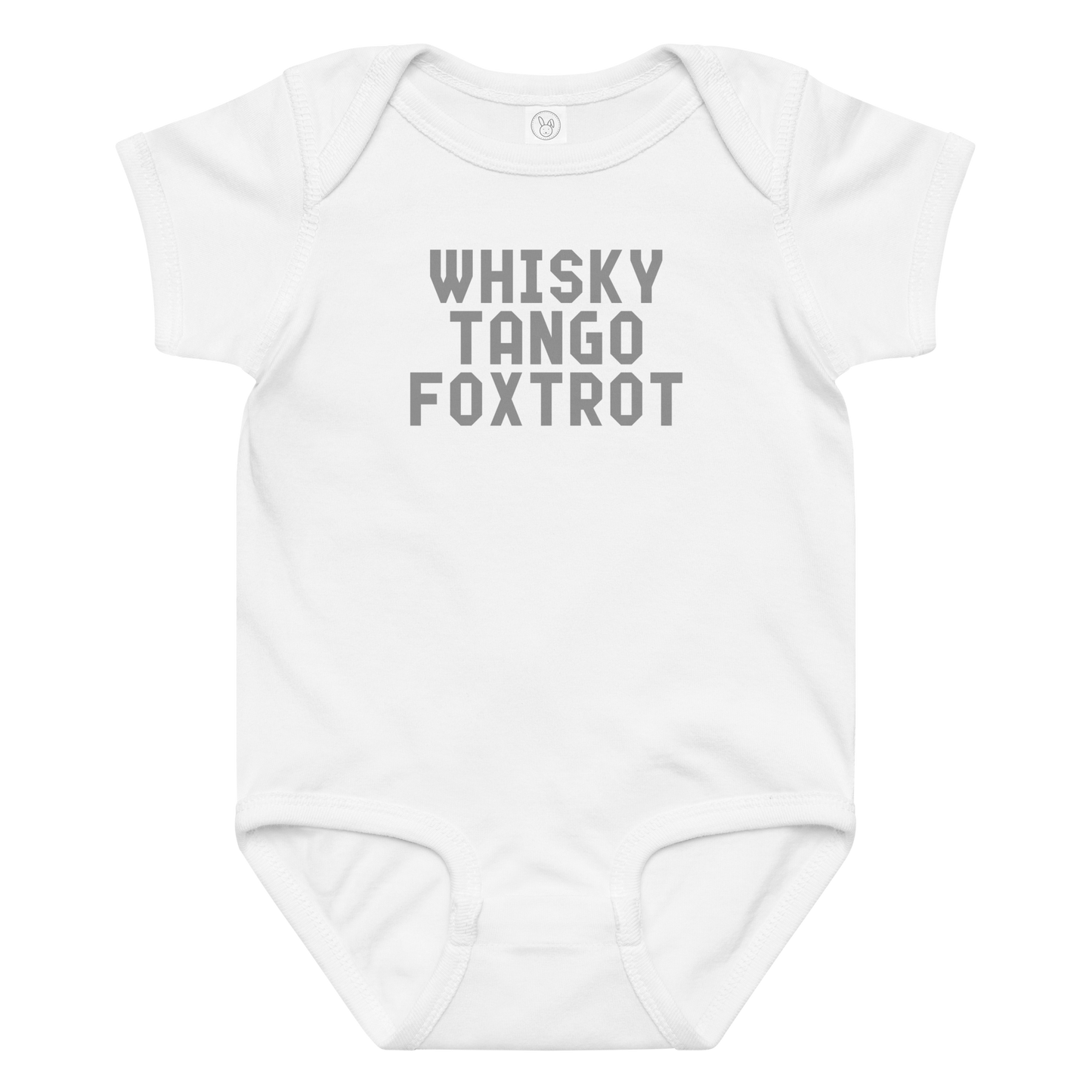 "Whisky Tango Foxtrot (What the f#ck)" printed on a white baby jersey bodysuit laying on a flat surface amongst other clothes