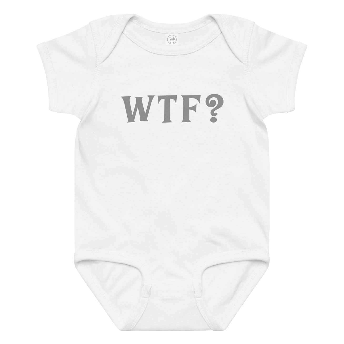 "WTF? (What the f#ck?)" printed on a white baby jersey bodysuit laying on a flat surface amongst other clothes
