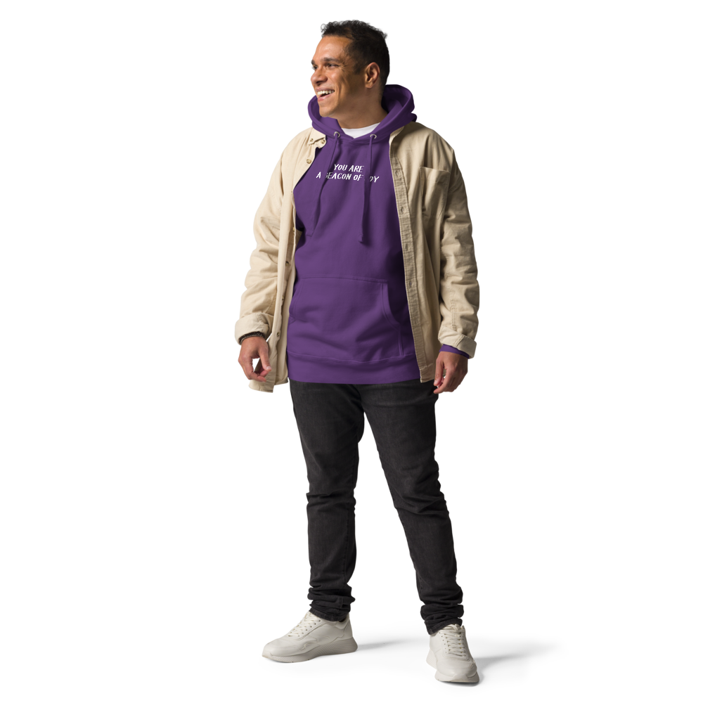 "You are a beacon of joy" printed on a purple unisex hoodie worn by a male with a jacket on top